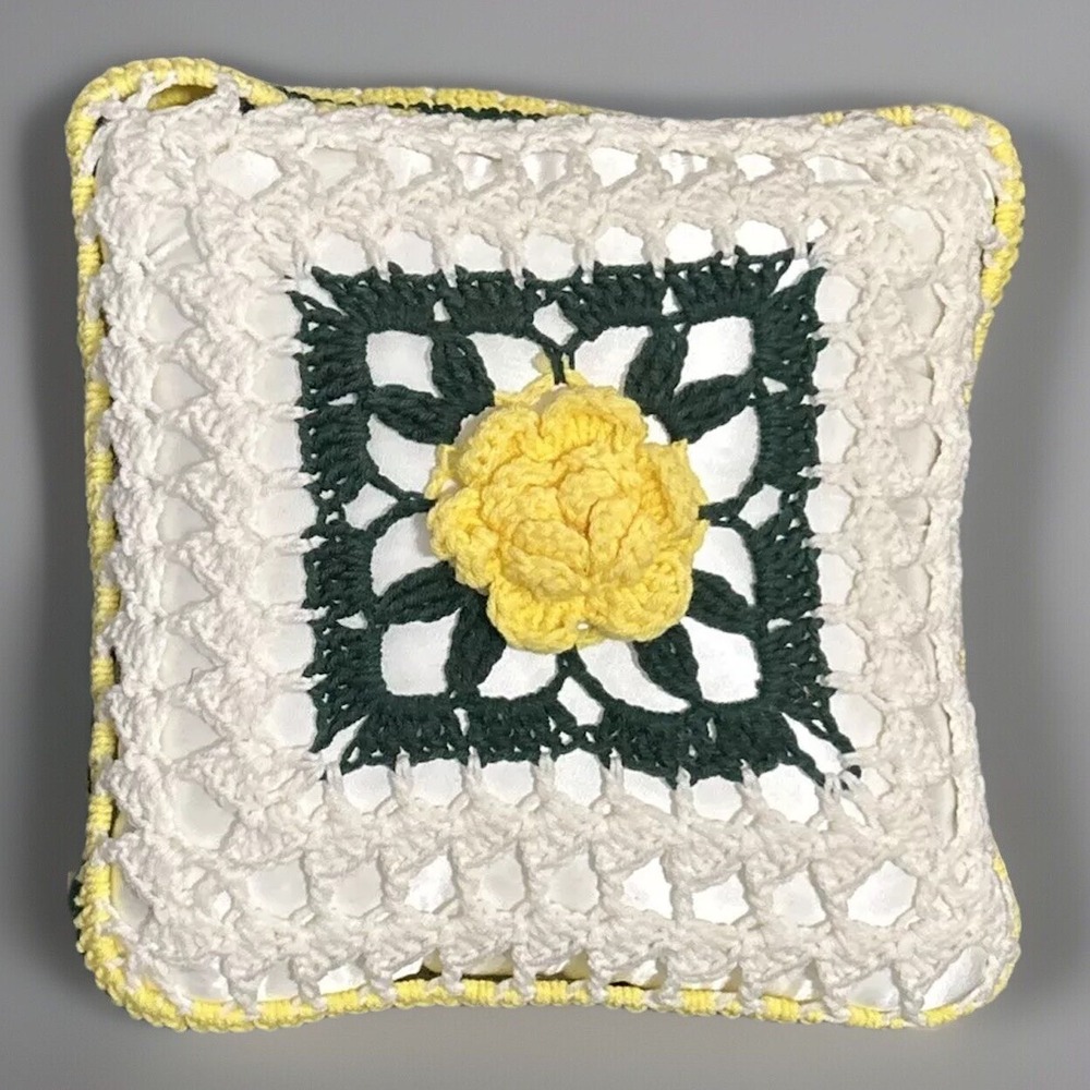 Handmade Crochet Rose Granny Square Throw Pillow White Yellow Green Vintage (#2)